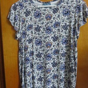 Floral Cream Blue Shirt Flutter Sleeve Top Fleur Bleue Stretch Casual Pattern Sm